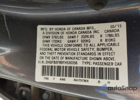 2015 Honda Civic Ex z USA, uszkodzony, nr VIN 2HGFB2F89FH530356